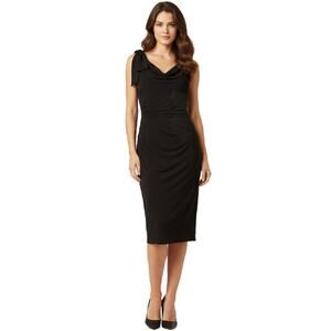 LAUREN Black Jersey Ruched Bow Shoulder Sheath Dress 8 Sleeveless Office Party